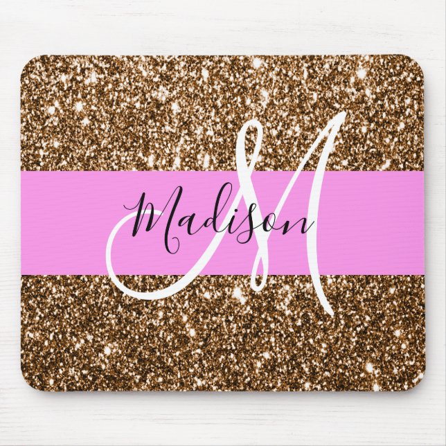 Glam Pink & Bronze Glitter Sparkles Monogram Name Mouse Pad (Front)