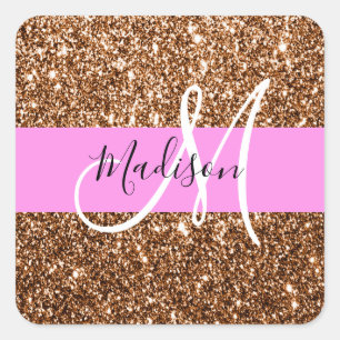 Glam Pink & Bronze Glitter Sparkles Monogram Name Square Sticker