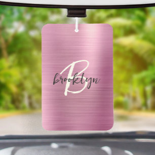 Glam Pink Brushed Metal Black White Monogram  Car Air Freshener