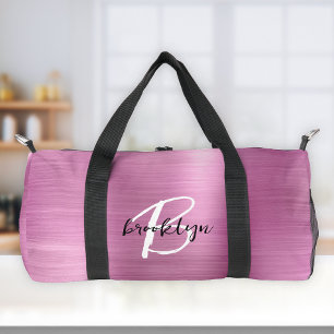 Glam Pink Brushed Metal Black White Monogram  Duffle Bag