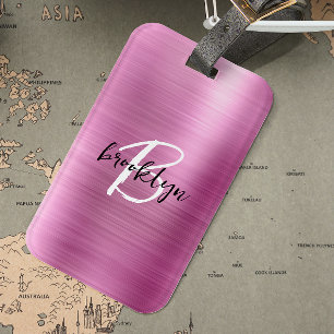 Glam Pink Brushed Metal Black White Monogram  Luggage Tag