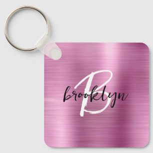 Glam Pink Brushed Metal Monogram Key Ring