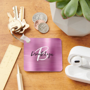 Glam Pink Brushed Metal Monogram  Key Ring