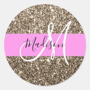 Glam Pink Champagne Gold Glitter Sparkle Monogram Classic Round Sticker