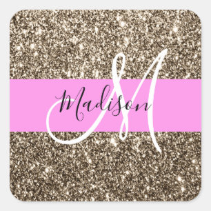 Glam Pink Champagne Gold Glitter Sparkle Monogram Square Sticker
