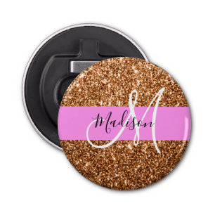 Glam Pink & Copper Glitter Sparkles Monogram Name Bottle Opener
