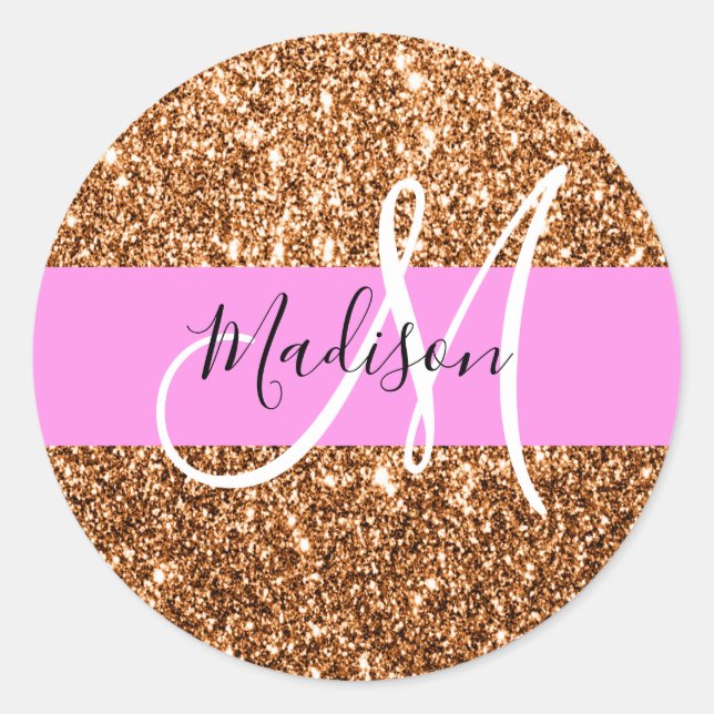 Glam Pink & Copper Glitter Sparkles Monogram Name Classic Round Sticker (Front)