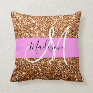 Glam Pink & Copper Glitter Sparkles Monogram Name Cushion