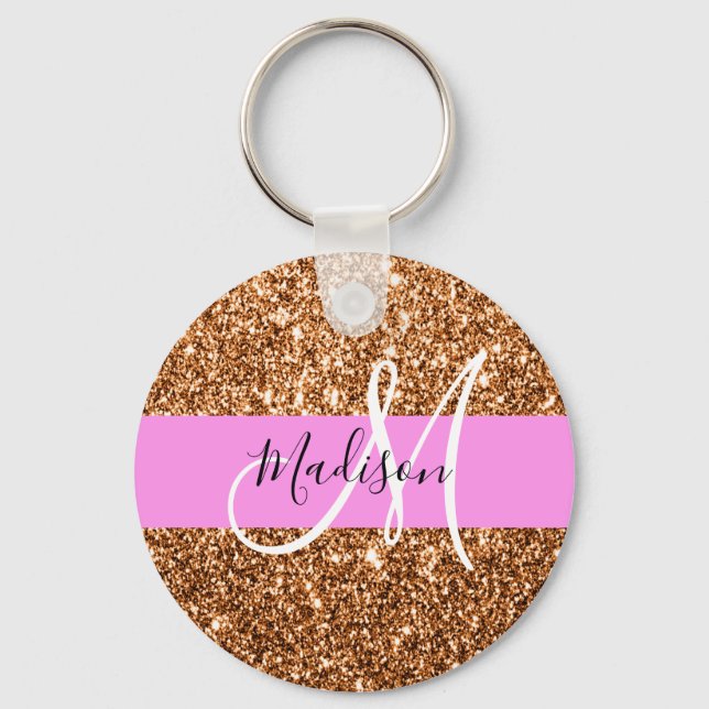 Glam Pink & Copper Glitter Sparkles Monogram Name Key Ring (Front)
