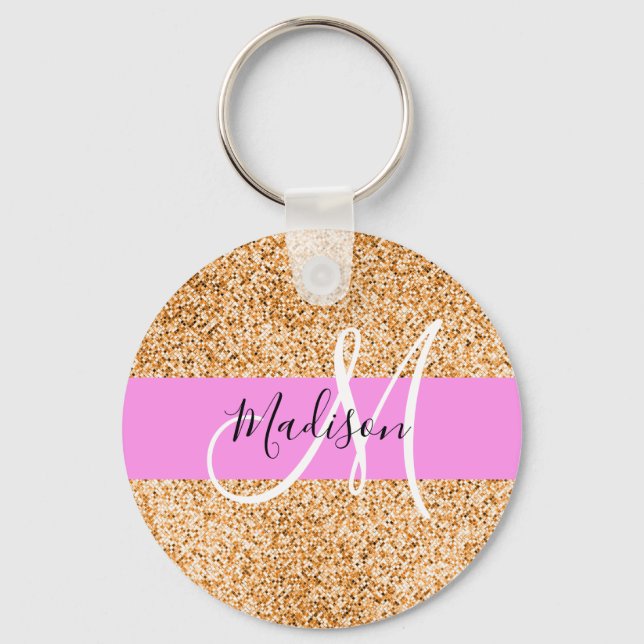 Glam Pink & Copper Glitter Sparkles Monogram Name Key Ring (Front)