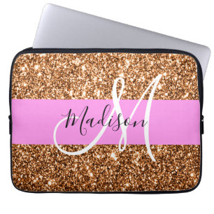 Glam Pink & Copper Glitter Sparkles Monogram Name Laptop Sleeve