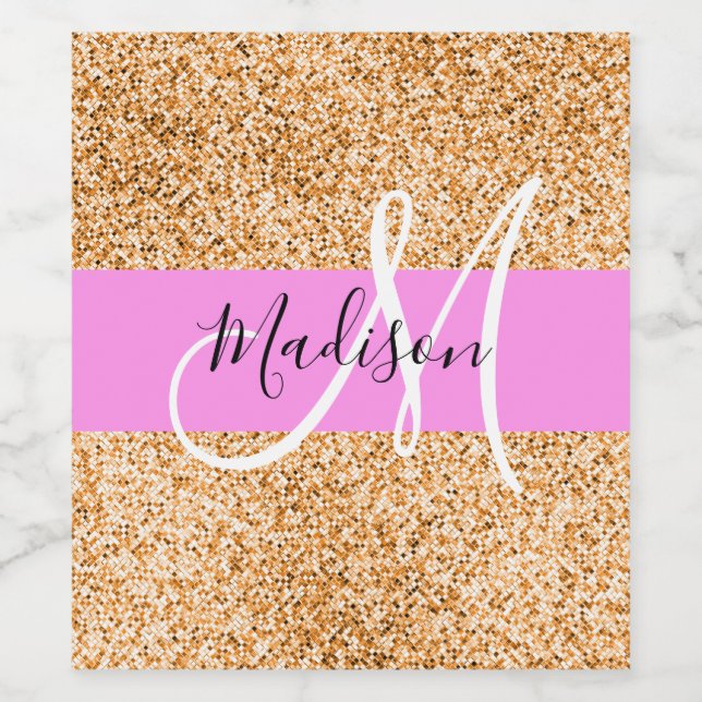 Glam Pink & Copper Glitter Sparkles Monogram Name Wine Label (Single Label)