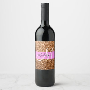 Glam Pink & Copper Glitter Sparkles Monogram Name Wine Label