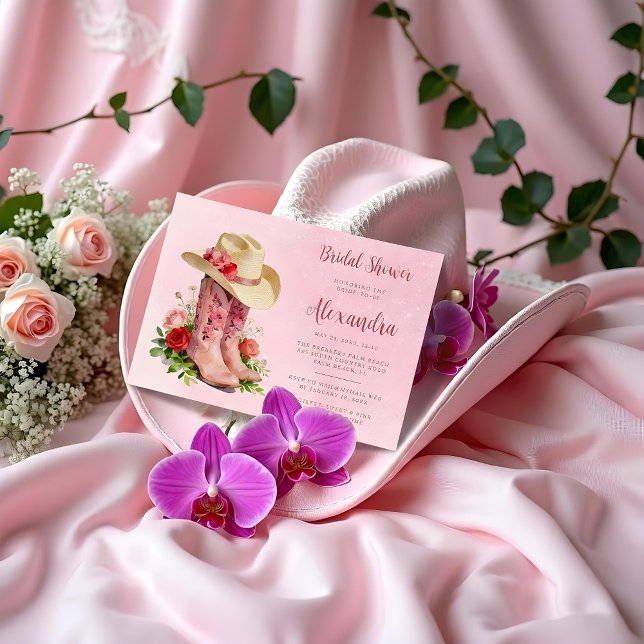 Glam Pink Cowgirl Boots Bridal Shower Invitation (Glamorous Coastal Pink Embroidered Cowgirl Boots and Hat Bridal Shower Invitation.)