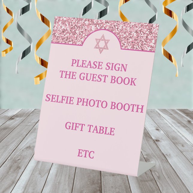 Glam Pink Create Your Own Elegant Bat Mitzvah Pedestal Sign (Create all the custom table top signs you need for your Bat Mitzvah party in this pink glam design)