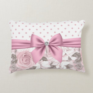 Glam Pink Diamond Bow Floral Polka Dots Decorative Cushion