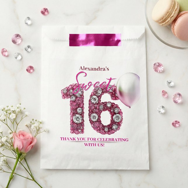Glam Pink Diamonds & Silver Balloon Sweet 16 Favour Bag (Creator Uploaded)