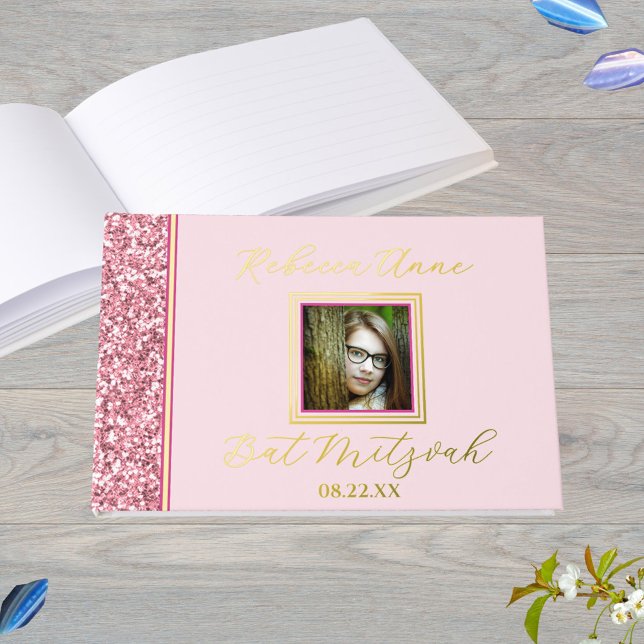 Glam Pink Elegant Photo Bat Mitzvah Gold Guest Book (Real gold foil printing mixed with faux pink glitter gives this guest book an elegant feel)