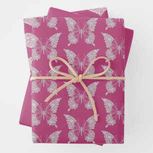 Glam Pink Faux Diamonds Butterfly and Heart Wrapping Paper Sheet