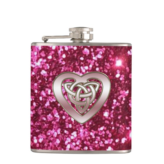 Glam Pink Glitter Celtic Heart Flask (Front)