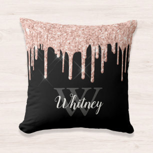 Glam Pink Glitter Drip Black Monogram Letter Cushion