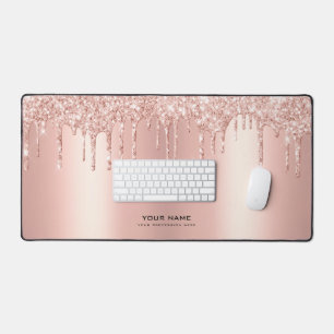 Glam Pink Glitter Drips Custom Name Desk Mat