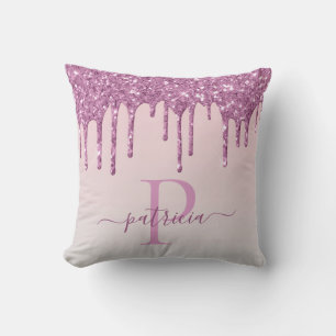 Glam Pink Glitter Drips Elegant Monogram Cushion