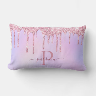 Glam Pink Glitter Drips Elegant Monogram Lumbar Cushion