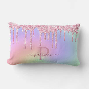 Glam Pink Glitter Drips Elegant Monogram  Lumbar P Cushion
