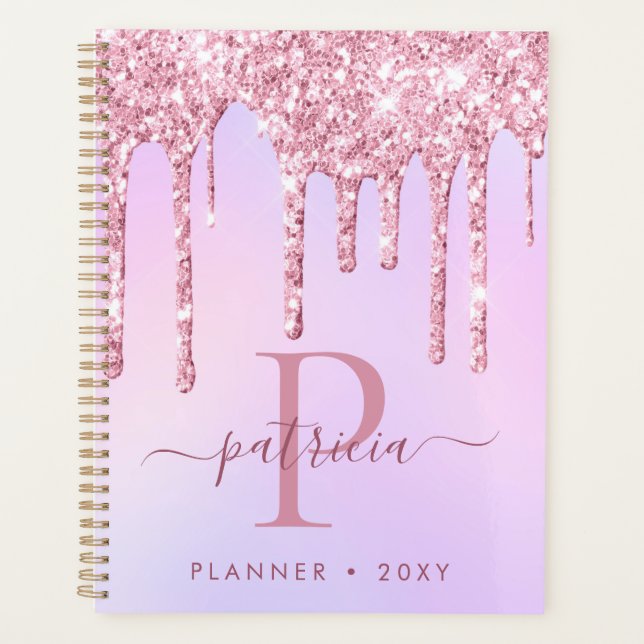 Glam Pink Glitter Drips Elegant Monogram  Planner (Front)