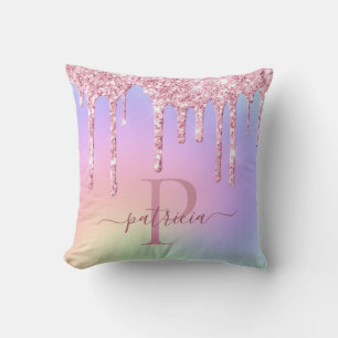 Glam Pink Glitter Drips Elegant Monogram Throw Pil Cushion