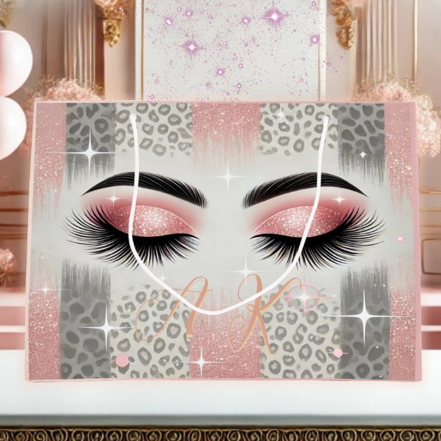 Glam Pink Glitter Eyelashes Monogram  Large Gift Bag (Glam pink glitter lashes monogram gift bag — perfect for birthdays, or any occasion .)