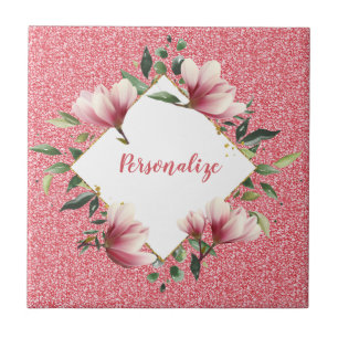 Glam Pink Glitter Flower Frame Sparkle Personalize Ceramic Tile