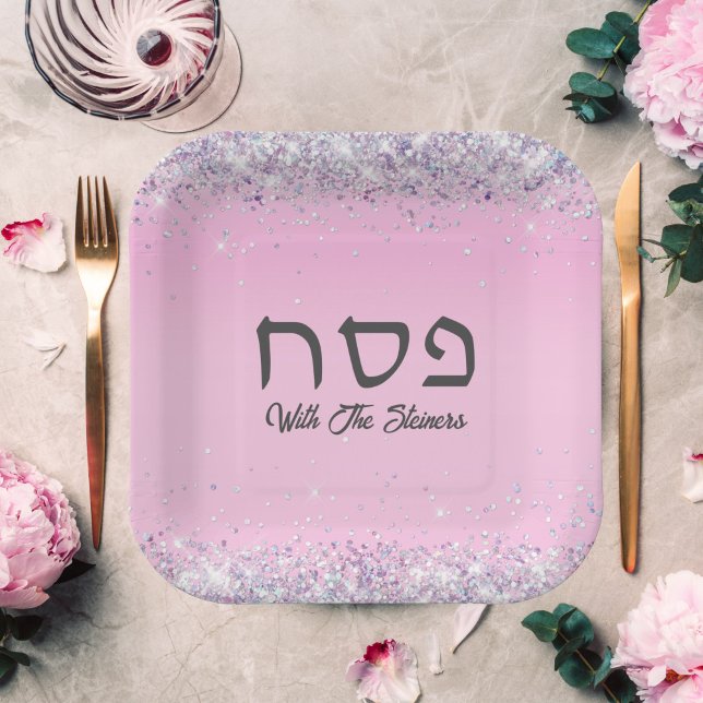 Glam Pink Glitter Hebrew Passover Dinner Seder Paper Plate (Creator Uploaded)