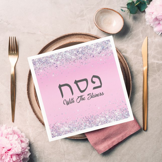 Glam Pink Glitter Jewish Holiday Hebrew Passover  Napkin (Creator Uploaded)