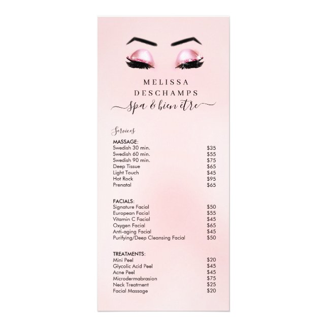 Glam Pink Glitter Lashes Salon Services Menu (Front)