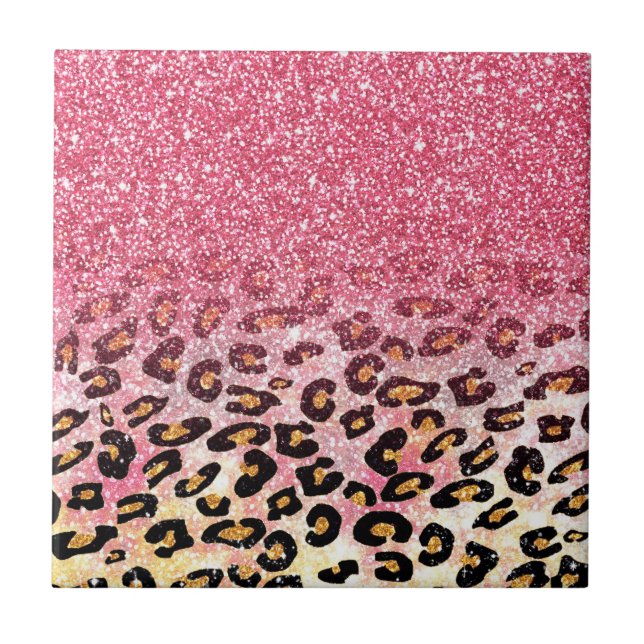 Glam Pink Glitter Leopard Pattern Ceramic Tile (Front)