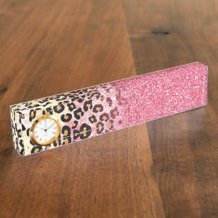 Glam Pink Glitter Leopard Pattern Nameplate