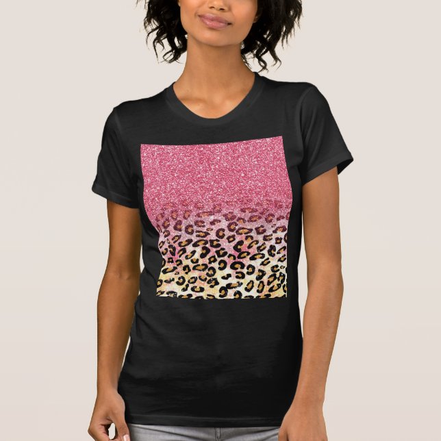 Glam Pink Glitter Leopard Pattern T-Shirt (Front)
