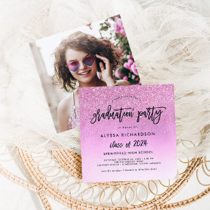 Glam Pink Glitter Look 2024 Grad Party Photo Invitation