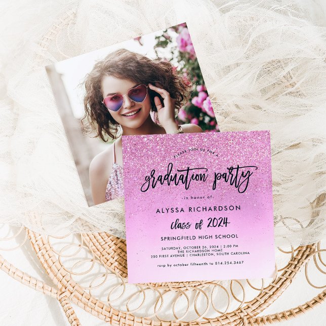 Glam Pink Glitter Look 2024 Grad Party | Photo Invitation (Creator Uploaded)