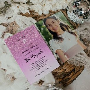 Glam Pink Glitter Look Bat Mitzvah Photo Back Invitation