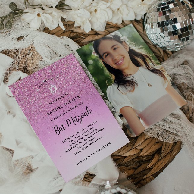 Glam Pink Glitter Look Bat Mitzvah | Photo Back Invitation (Creator Uploaded)
