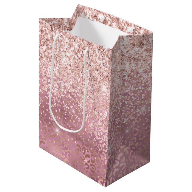 Glam Pink Glitzy Glitter Leopard Print Medium Gift Bag (Front Angled)