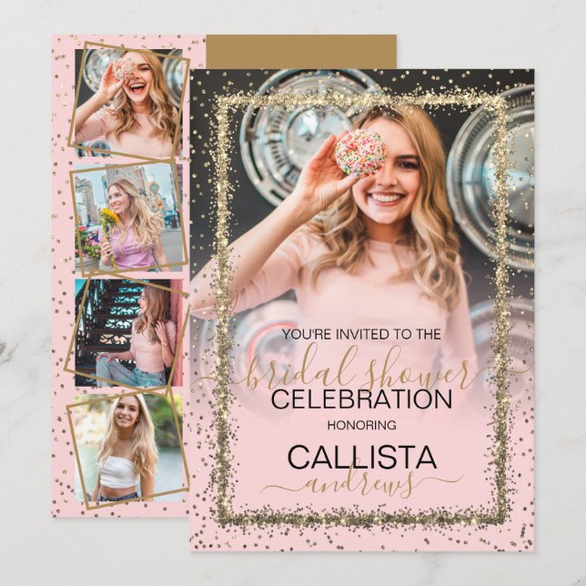 Glam Pink Gold Confetti Border Photo Bridal Shower Invitation (Front/Back)