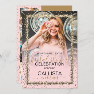 Glam Pink Gold Confetti Border Photo Bridal Shower Invitation