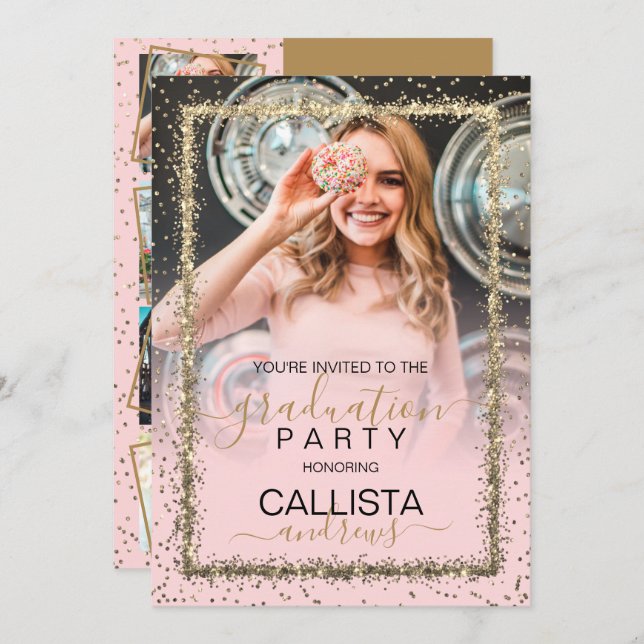 Glam Pink Gold Confetti Border Photo Graduation Invitation (Front/Back)