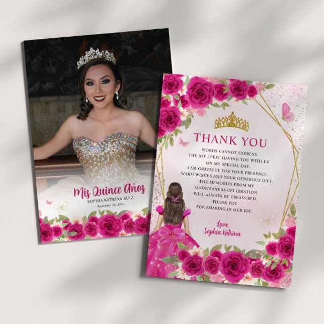 Glam Pink Gold Floral Princess Quinceañera Photo Thank You Card (Creator Uploaded)