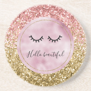 Glam Pink Gold Glitter Black Eyelashes Coaster