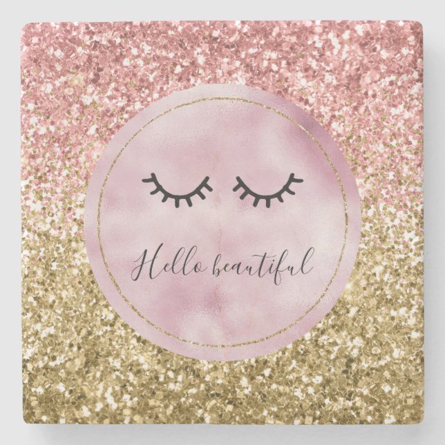 Glam Pink Gold Glitter Black Eyelashes Stone Coaster (Front)